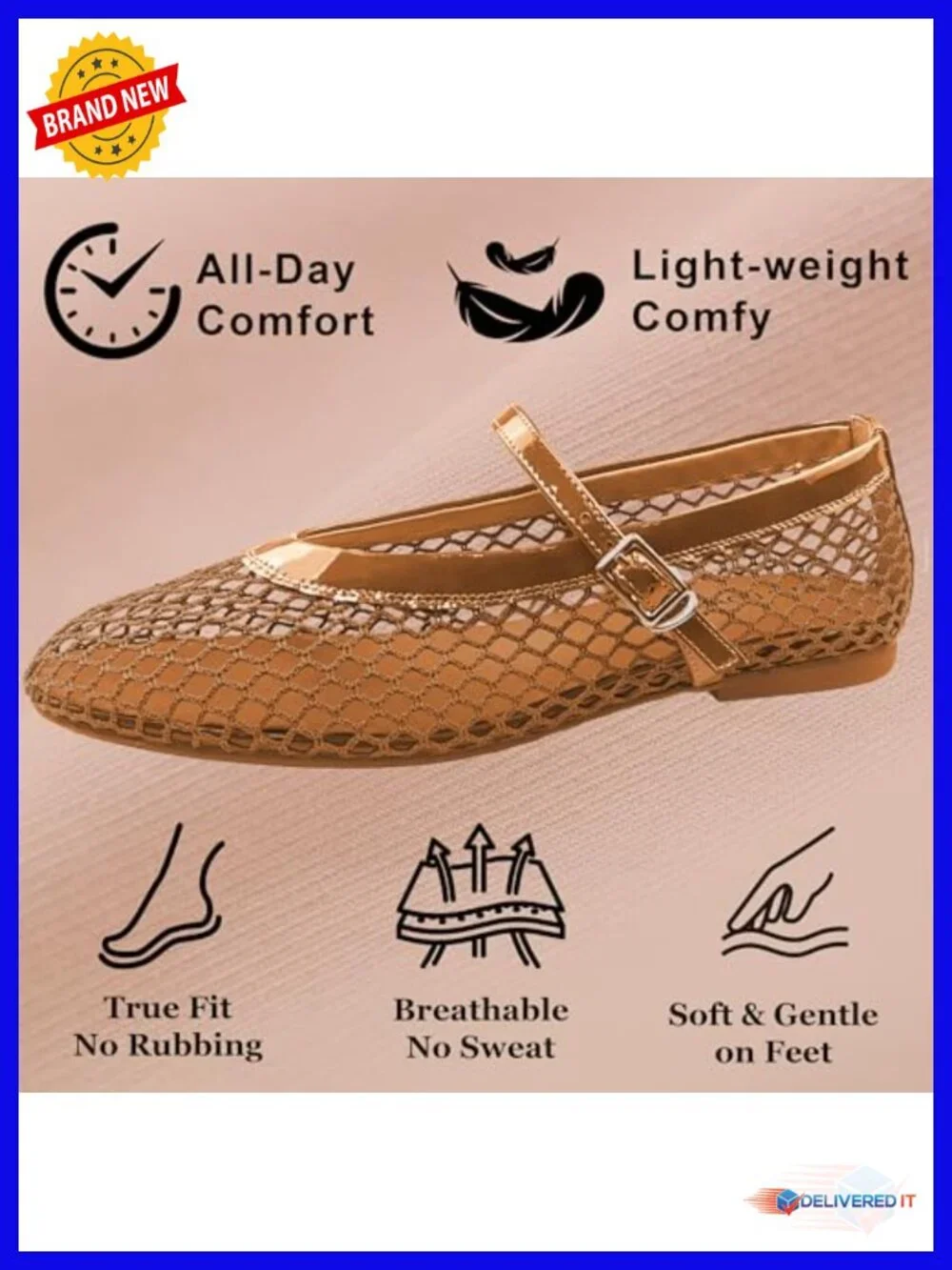 Women's Mesh Ballet Flats Fishnet Ballerina Mary Jane Sandals Memory Foam - Picture 3 of 6